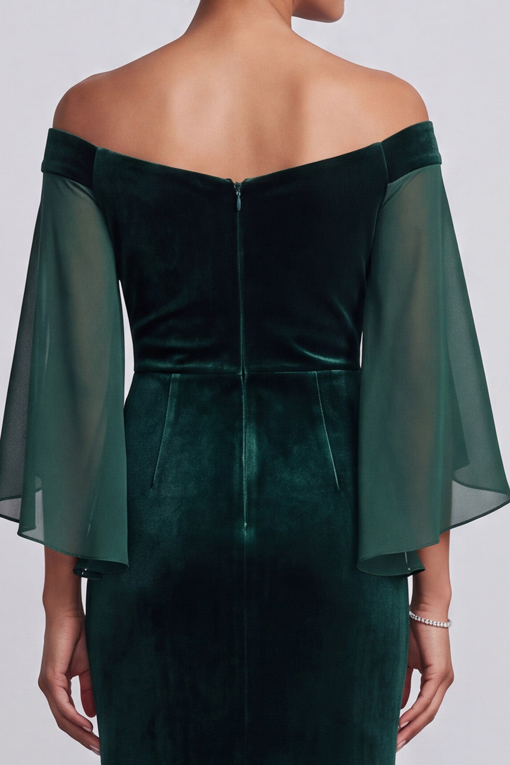 Dark Green Mermaid Beaded Velvet Off the Shoulder Long Mother of the Bride Dress with Sleeves