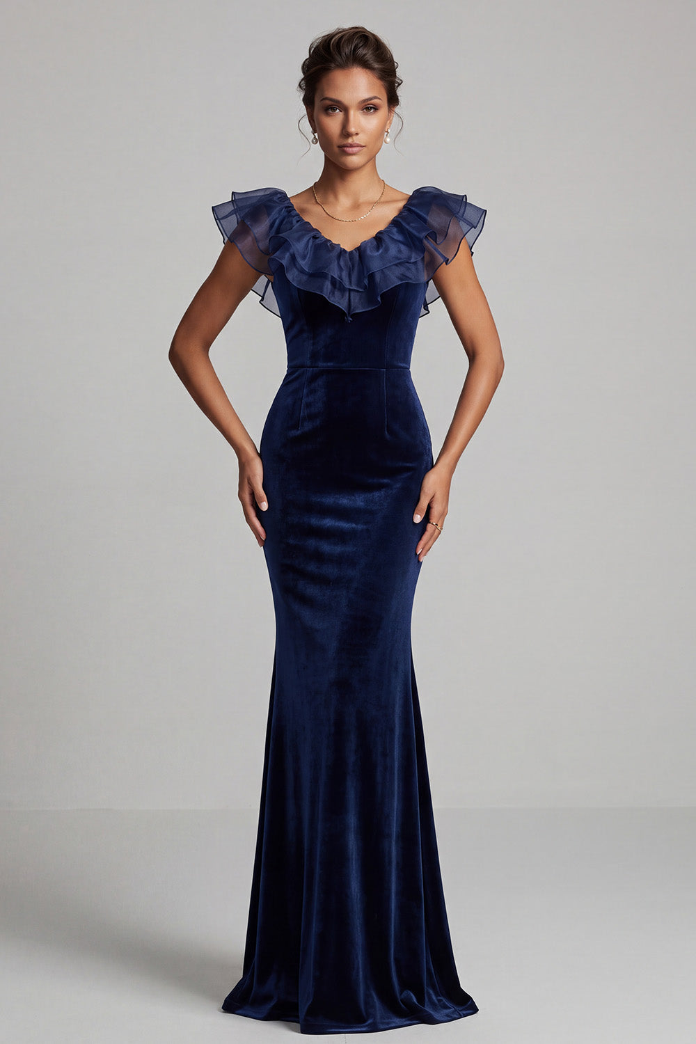 Dark Blue Velvet Mermaid V-Neck Tiered Velvet Ruffled Long Holiday Party Dress