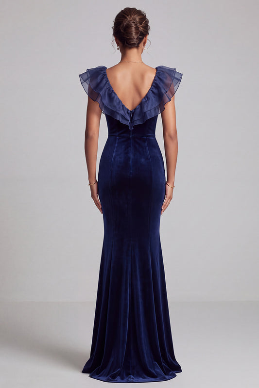 Dark Blue Velvet Mermaid V-Neck Tiered Velvet Ruffled Long Holiday Party Dress