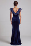 Dark Blue Velvet Mermaid V-Neck Tiered Velvet Ruffled Long Holiday Party Dress