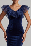 Dark Blue Velvet Mermaid V-Neck Tiered Velvet Ruffled Long Holiday Party Dress