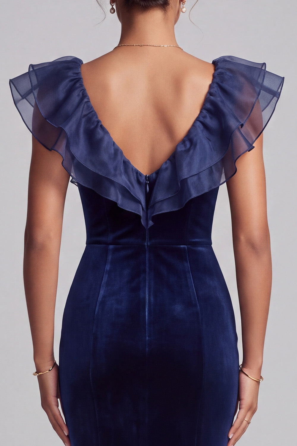 Dark Blue Velvet Mermaid V-Neck Tiered Velvet Ruffled Long Holiday Party Dress
