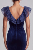 Dark Blue Velvet Mermaid V-Neck Tiered Velvet Ruffled Long Holiday Party Dress