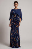 Dark Blue Mermaid Boat Neck Floral Velvet Ruched Long Mother of the Bride Dress with Cape