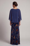 Dark Blue Mermaid Boat Neck Floral Velvet Ruched Long Mother of the Bride Dress with Cape