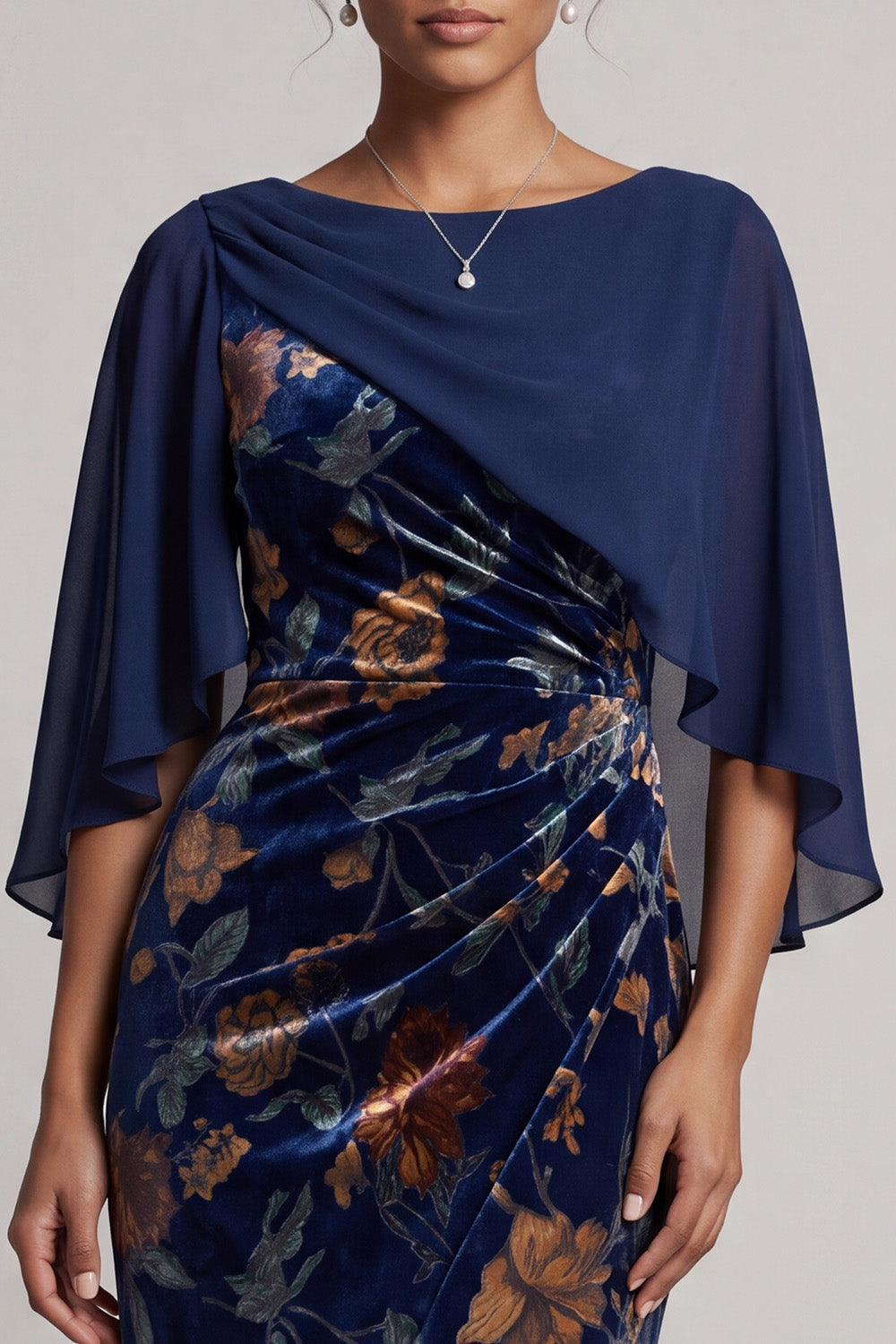 Dark Blue Mermaid Boat Neck Floral Velvet Ruched Long Mother of the Bride Dress with Cape
