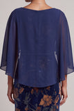 Dark Blue Mermaid Boat Neck Floral Velvet Ruched Long Mother of the Bride Dress with Cape