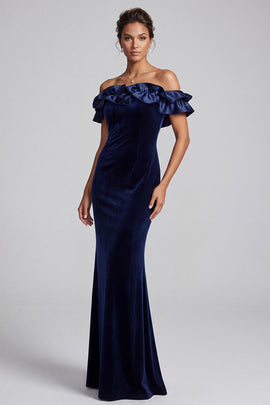 Navy Mermaid Off the Shoulder Tiered Velvet Ruffled Long Holiday Party Dress