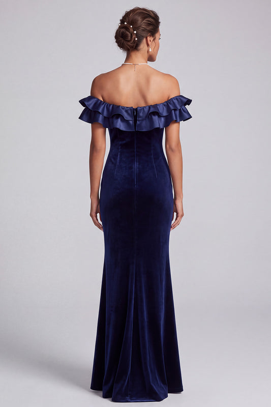 Navy Mermaid Off the Shoulder Tiered Velvet Ruffled Long Holiday Party Dress