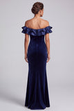 Navy Mermaid Off the Shoulder Tiered Velvet Ruffled Long Holiday Party Dress
