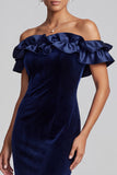 Navy Mermaid Off the Shoulder Tiered Velvet Ruffled Long Holiday Party Dress