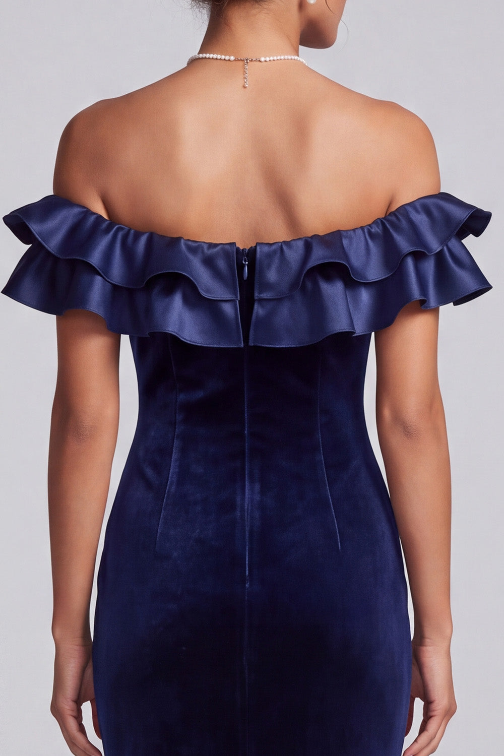 Navy Mermaid Off the Shoulder Tiered Velvet Ruffled Long Holiday Party Dress