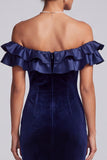 Navy Mermaid Off the Shoulder Tiered Velvet Ruffled Long Holiday Party Dress