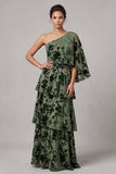 Dusty Sage A-Line One Shoulder Floral Tiered Ruffled Long Mother of the Bride Dress with Side Cape