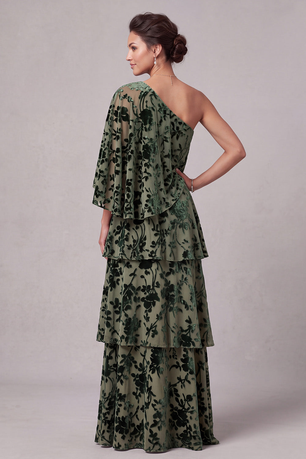 Dusty Sage A-Line One Shoulder Floral Tiered Ruffled Long Mother of the Bride Dress with Side Cape