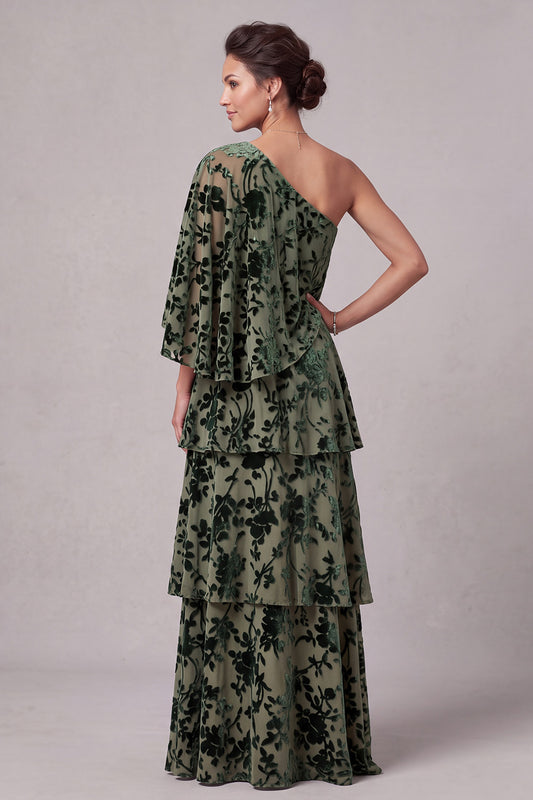 Dusty Sage A-Line One Shoulder Floral Tiered Ruffled Long Mother of the Bride Dress with Side Cape