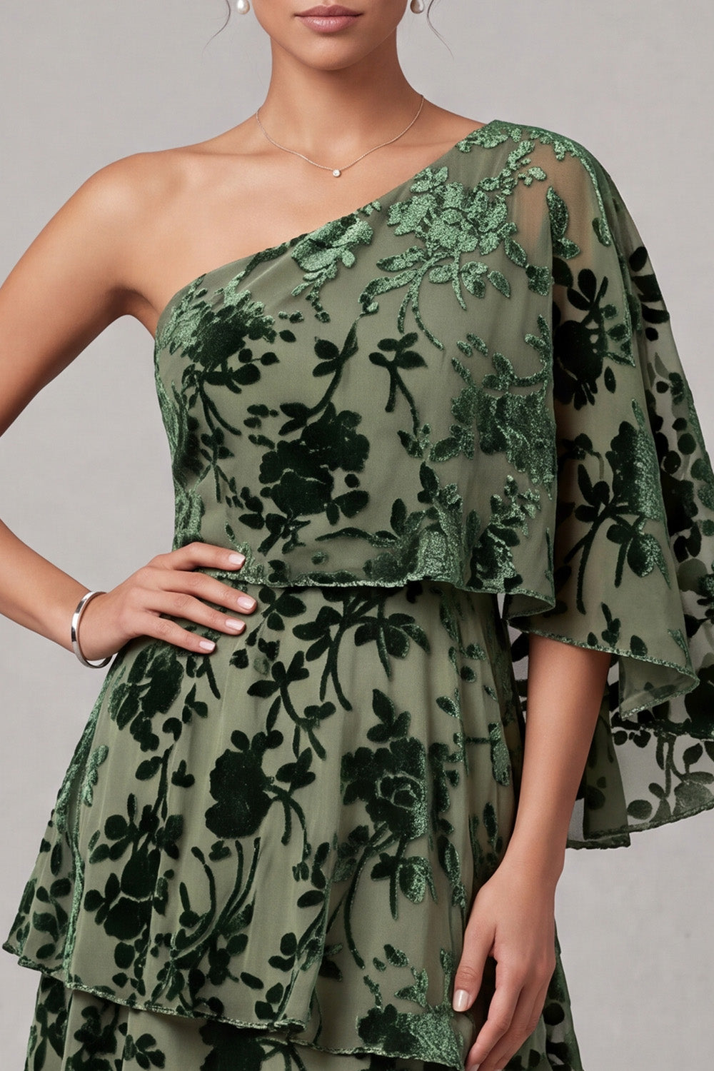 Dusty Sage A-Line One Shoulder Floral Tiered Ruffled Long Mother of the Bride Dress with Side Cape