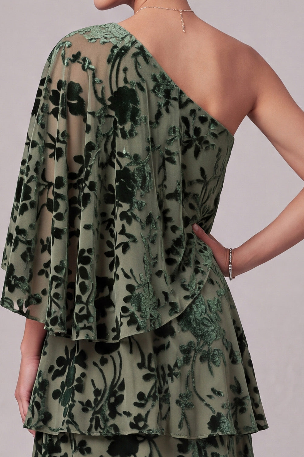 Dusty Sage A-Line One Shoulder Floral Tiered Ruffled Long Mother of the Bride Dress with Side Cape