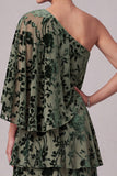 Dusty Sage A-Line One Shoulder Floral Tiered Ruffled Long Mother of the Bride Dress with Side Cape