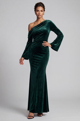 Dark Green Velvet Mermaid One Shoulder Ruched Long Sleeves Holiday Party Dress