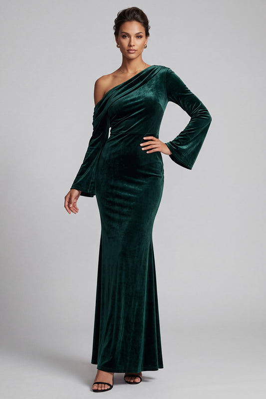 Dark Green Velvet Mermaid One Shoulder Ruched Long Sleeves Holiday Party Dress