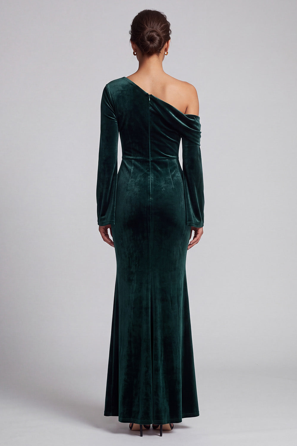 Dark Green Velvet Mermaid One Shoulder Ruched Long Sleeves Holiday Party Dress