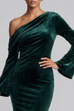 Dark Green Velvet Mermaid One Shoulder Ruched Long Sleeves Holiday Party Dress