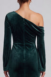 Dark Green Velvet Mermaid One Shoulder Ruched Long Sleeves Holiday Party Dress
