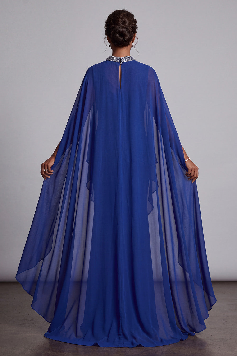 Dark Blue Sheath Beaded High Neck Chiffon Long Mother of the Bride Dress with Cape