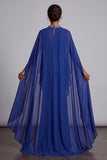 Dark Blue Sheath Beaded High Neck Chiffon Long Mother of the Bride Dress with Cape