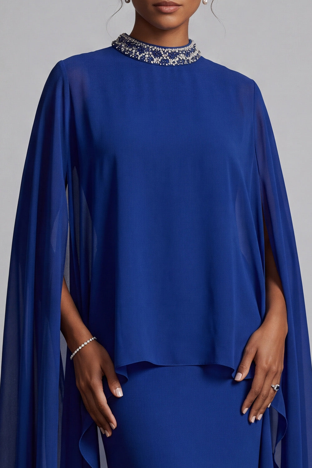 Dark Blue Sheath Beaded High Neck Chiffon Long Mother of the Bride Dress with Cape