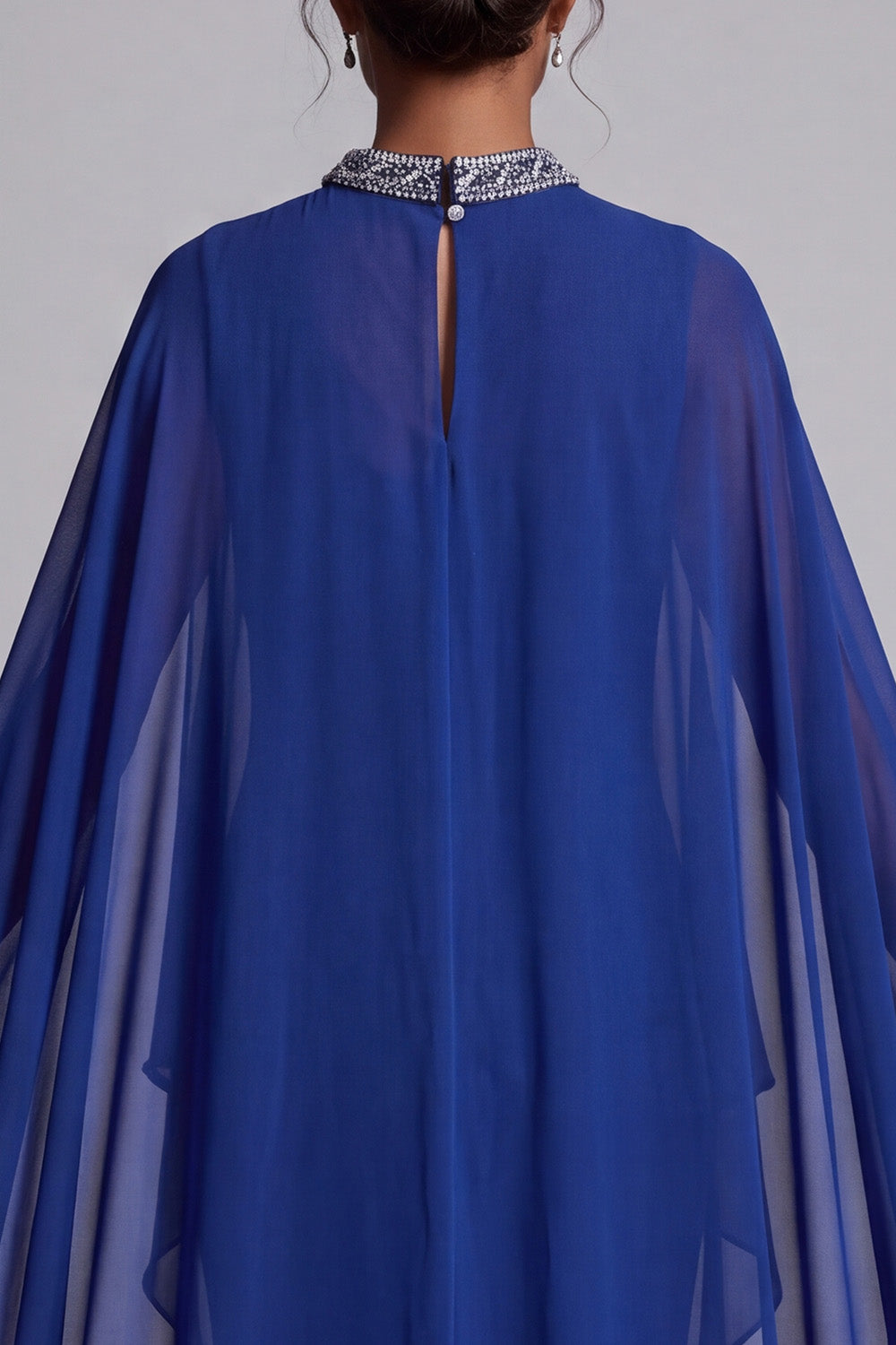 Dark Blue Sheath Beaded High Neck Chiffon Long Mother of the Bride Dress with Cape