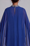 Dark Blue Sheath Beaded High Neck Chiffon Long Mother of the Bride Dress with Cape