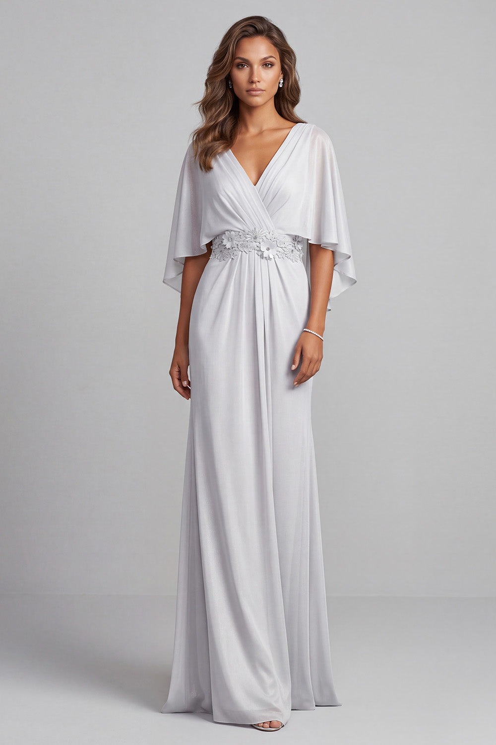 Light Grey V-Neck Floral Ruched Chiffon Sheath Long Mother of the Bride Dress
