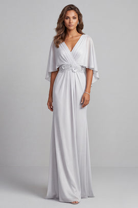 Light Grey V-Neck Floral Ruched Chiffon Sheath Long Mother of the Bride Dress