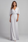 Light Grey V-Neck Floral Ruched Chiffon Sheath Long Mother of the Bride Dress