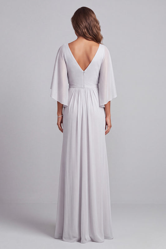 Light Grey V-Neck Floral Ruched Chiffon Sheath Long Mother of the Bride Dress