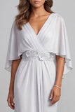 Light Grey V-Neck Floral Ruched Chiffon Sheath Long Mother of the Bride Dress