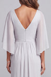 Light Grey V-Neck Floral Ruched Chiffon Sheath Long Mother of the Bride Dress