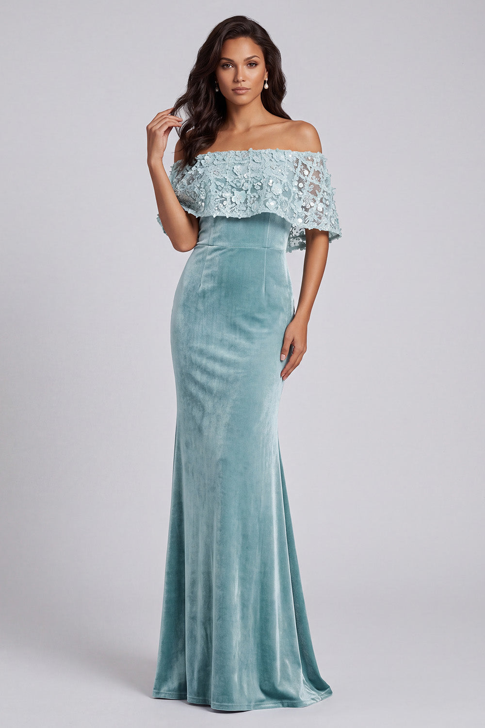 Light Blue Off the Shoulder Floral Velvet Mermaid Long Holiday Party Dress with Cape
