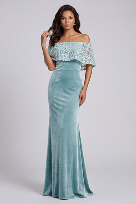 Light Blue Off the Shoulder Floral Velvet Mermaid Long Holiday Party Dress with Cape