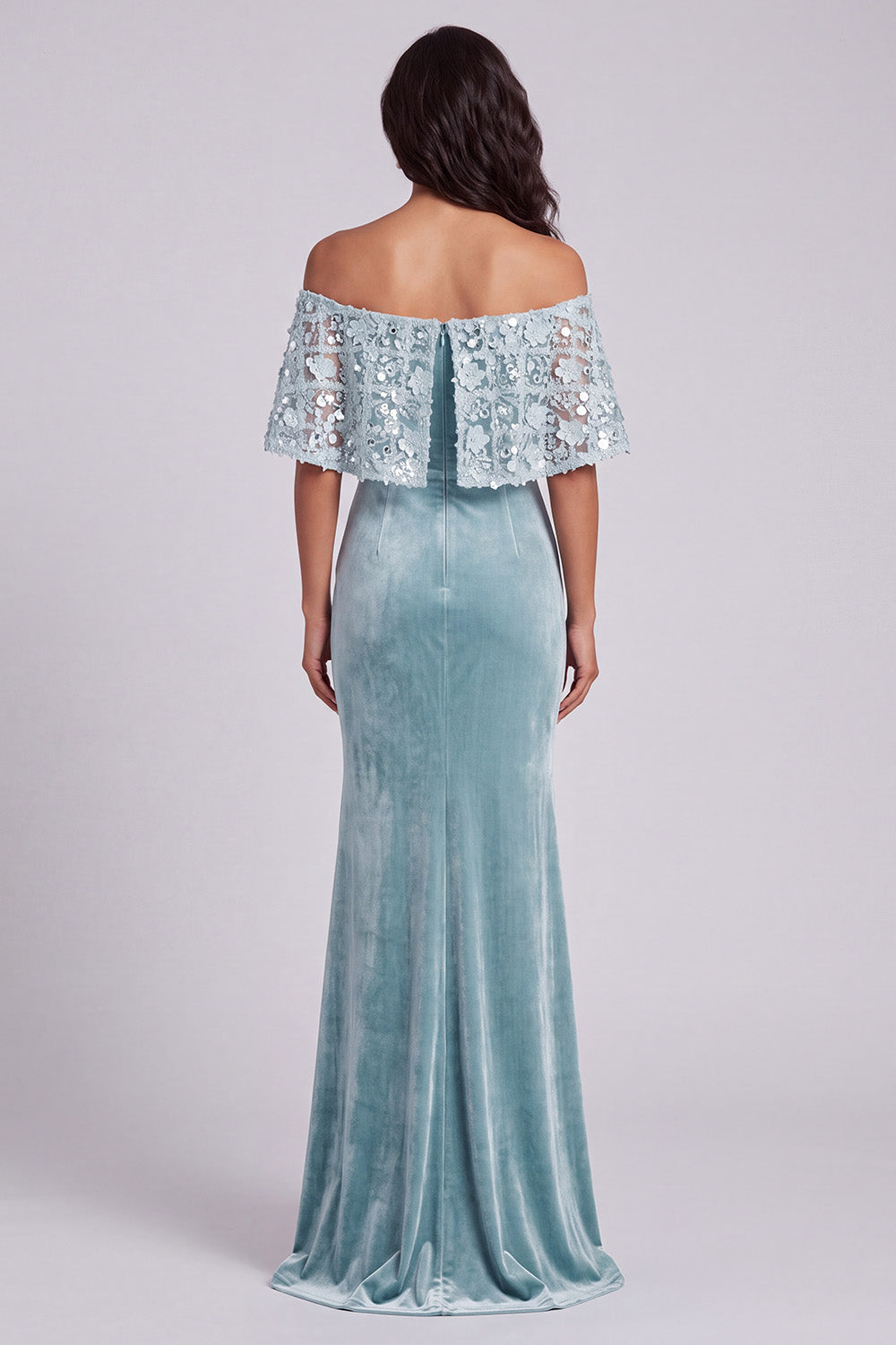 Light Blue Off the Shoulder Floral Velvet Mermaid Long Holiday Party Dress with Cape
