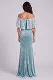 Light Blue Off the Shoulder Floral Velvet Mermaid Long Holiday Party Dress with Cape
