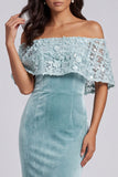 Light Blue Off the Shoulder Floral Velvet Mermaid Long Holiday Party Dress with Cape