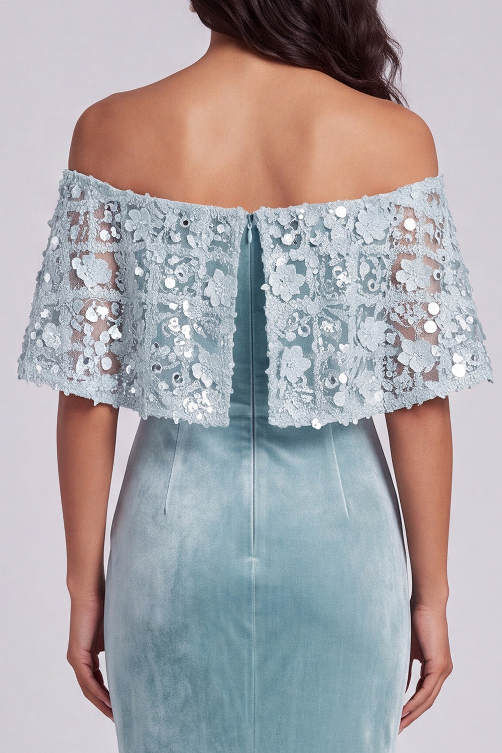 Light Blue Off the Shoulder Floral Velvet Mermaid Long Holiday Party Dress with Cape