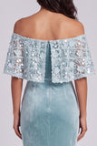 Light Blue Off the Shoulder Floral Velvet Mermaid Long Holiday Party Dress with Cape