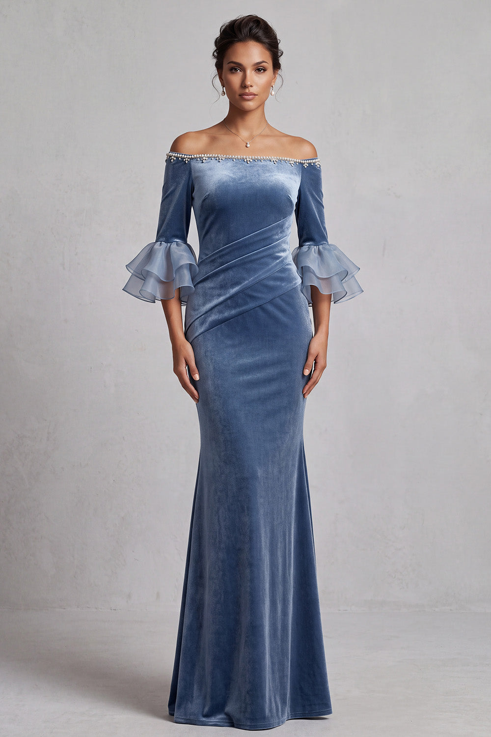 Dusty Blue Velvet Mermaid Beaded Ruched Long Holiday Party Dress with Sleeves