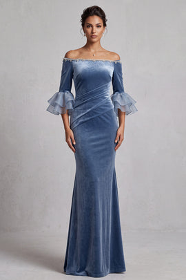 Dusty Blue Velvet Mermaid Beaded Ruched Long Holiday Party Dress with Sleeves