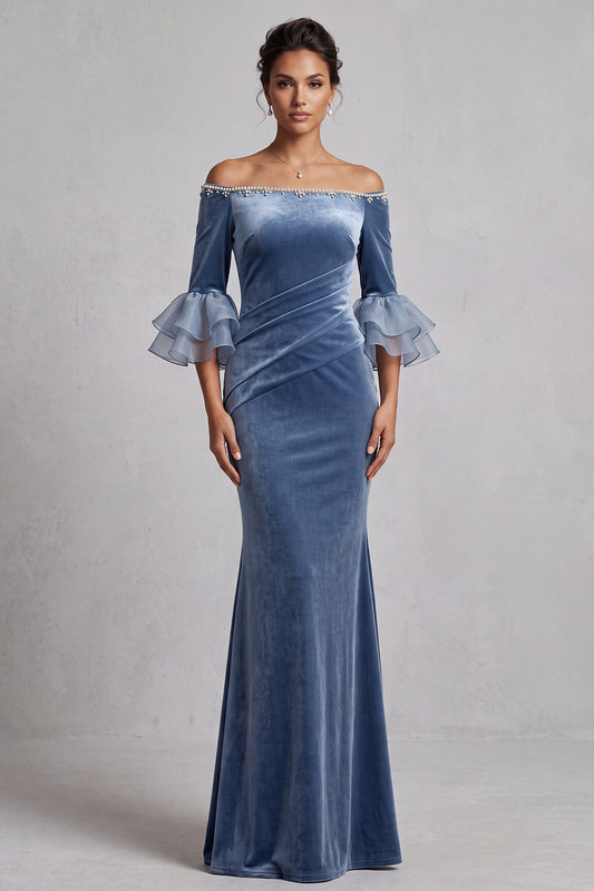 Dusty Blue Velvet Mermaid Beaded Ruched Long Holiday Party Dress with Sleeves