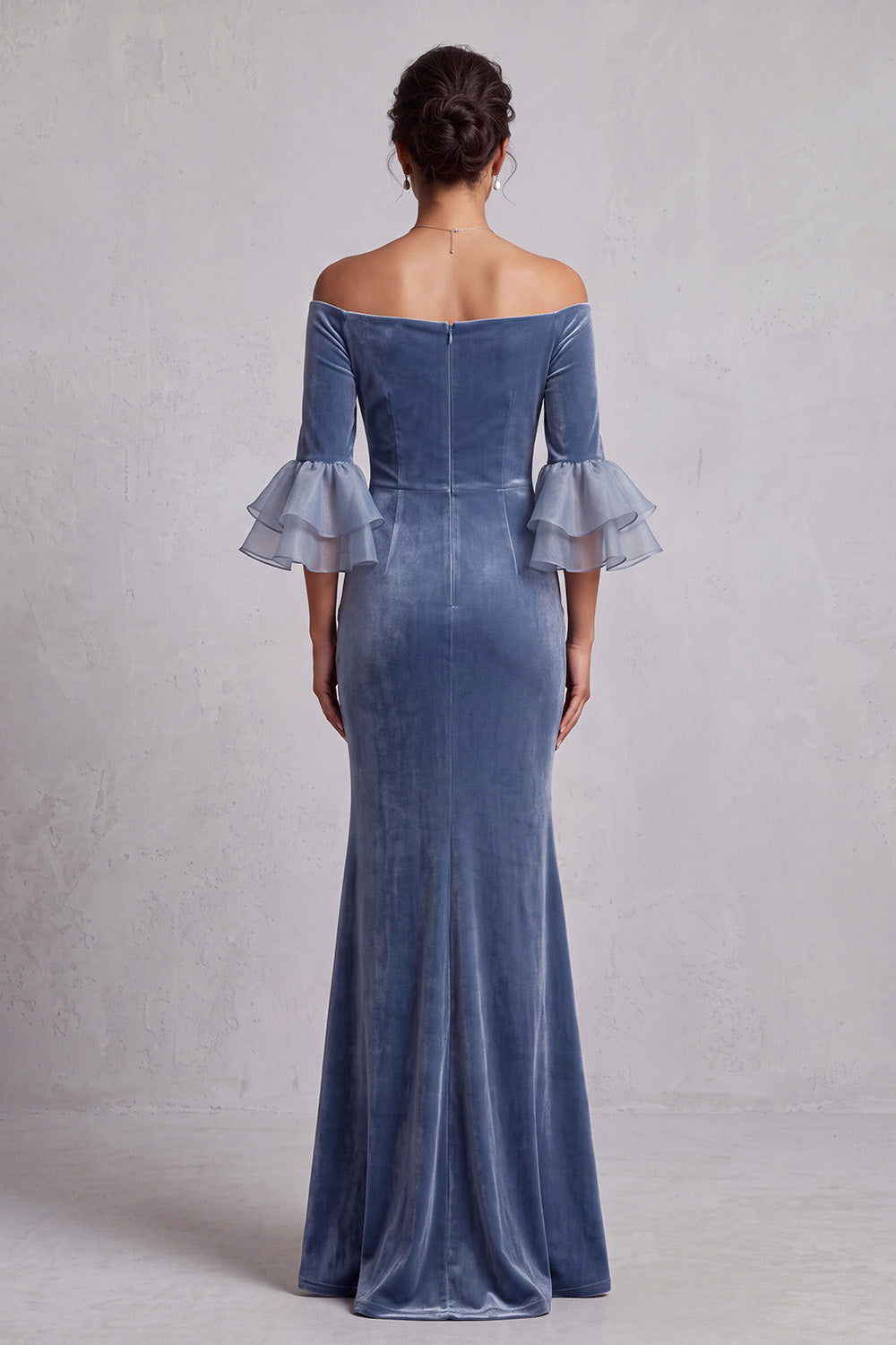 Dusty Blue Velvet Mermaid Beaded Ruched Long Holiday Party Dress with Sleeves